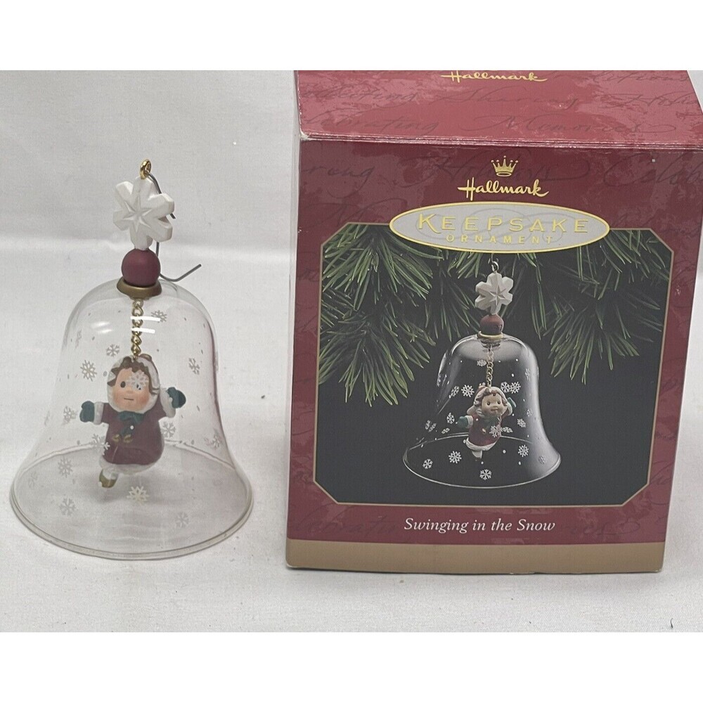 HALLMARK SWINGING IN THE SNOW 1997 GLASS BELL CHRISTMAS KEEPSAKE ORNAMENTS